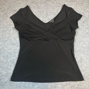 White House Black Market Short Sleeve Blouse Ruched Crossover V-Neckline Size L